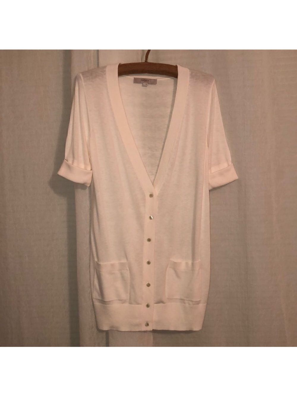 LOFT S Ivory Button Front Short Cuffed Sleeve Light Knit Cardigan Pockets